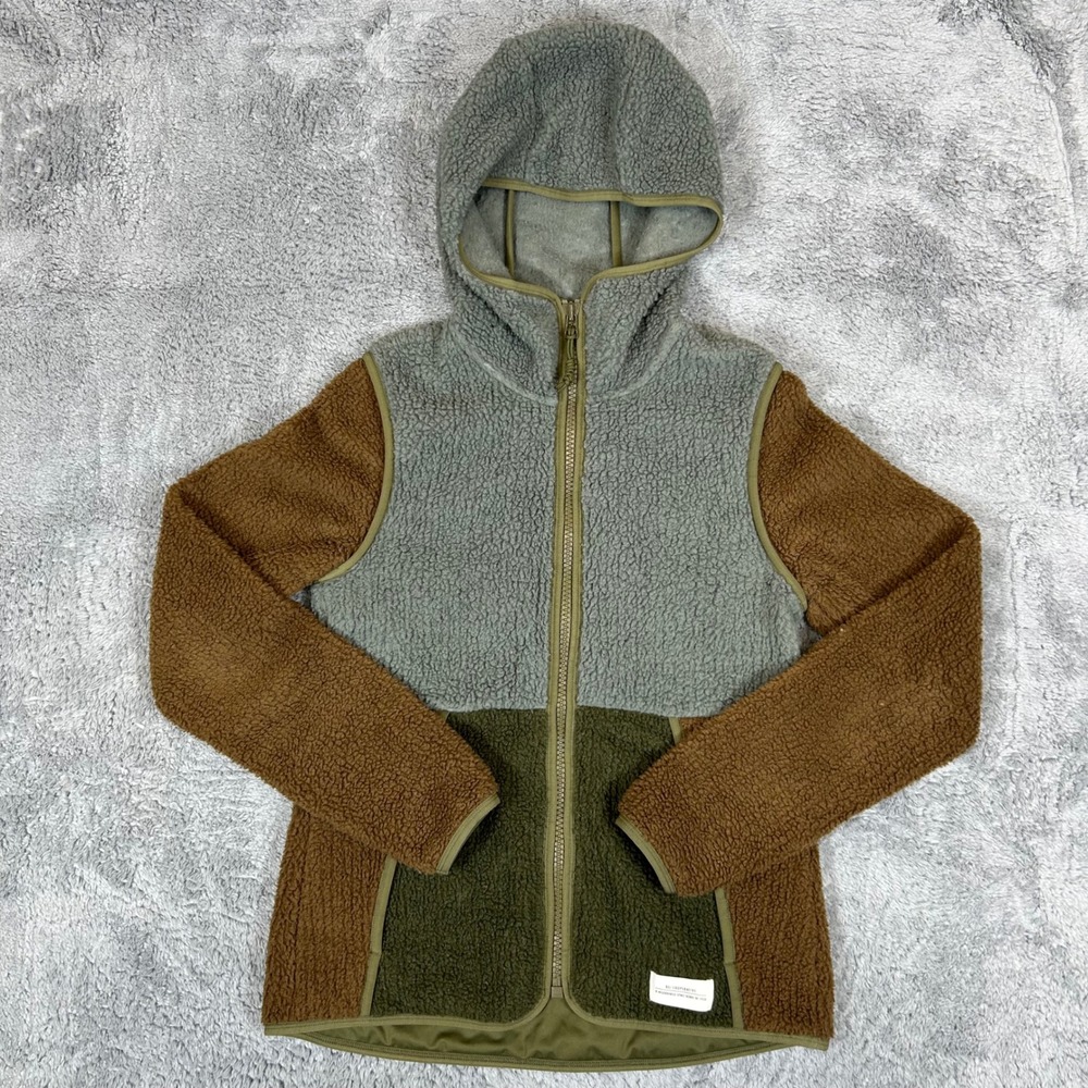 REI Co-op Womens XS Colorblock Sherpa Fleece Full Zip Hoodie Green Brown Jacket